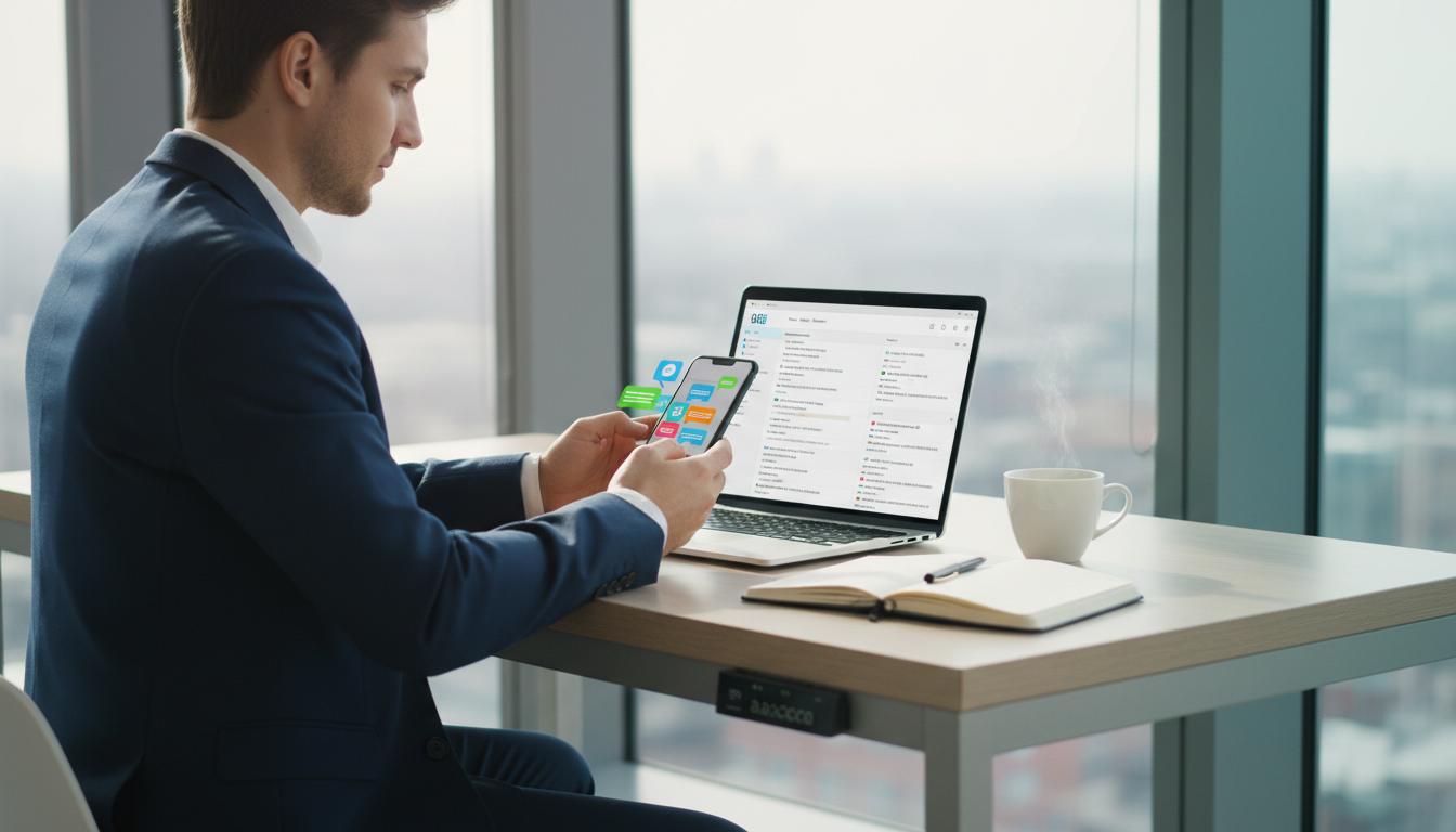 A sales professional sits at a standing desk in a bright modern office, glancing at a phone showing multiple messaging app notifications while a laptop displays a unified inbox on screen, with a coffee cup and notebook nearby.