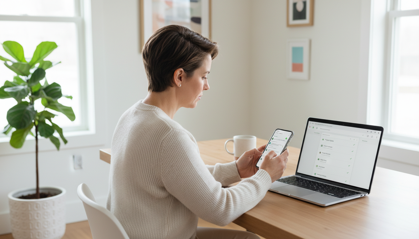 A small business owner sitting at a wooden desk reviewing messages on a smartphone, with a laptop open beside them showing a tidy inbox, in a bright, minimal home office with natural light coming through a window.
