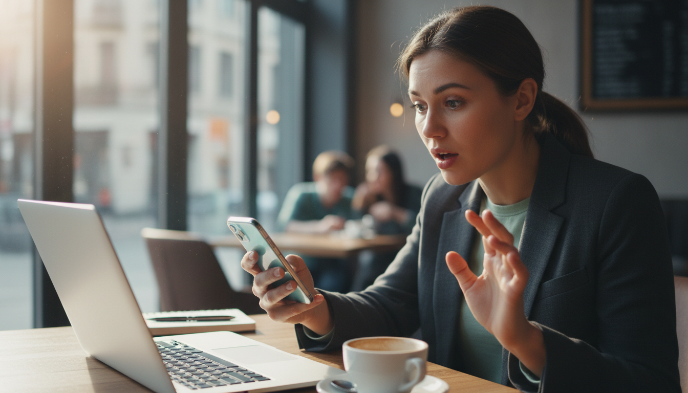 A person glancing at their phone with a notification lighting up the screen, sitting at a coffee shop table with a laptop open beside them, looking slightly surprised at how quickly a reply has come through.