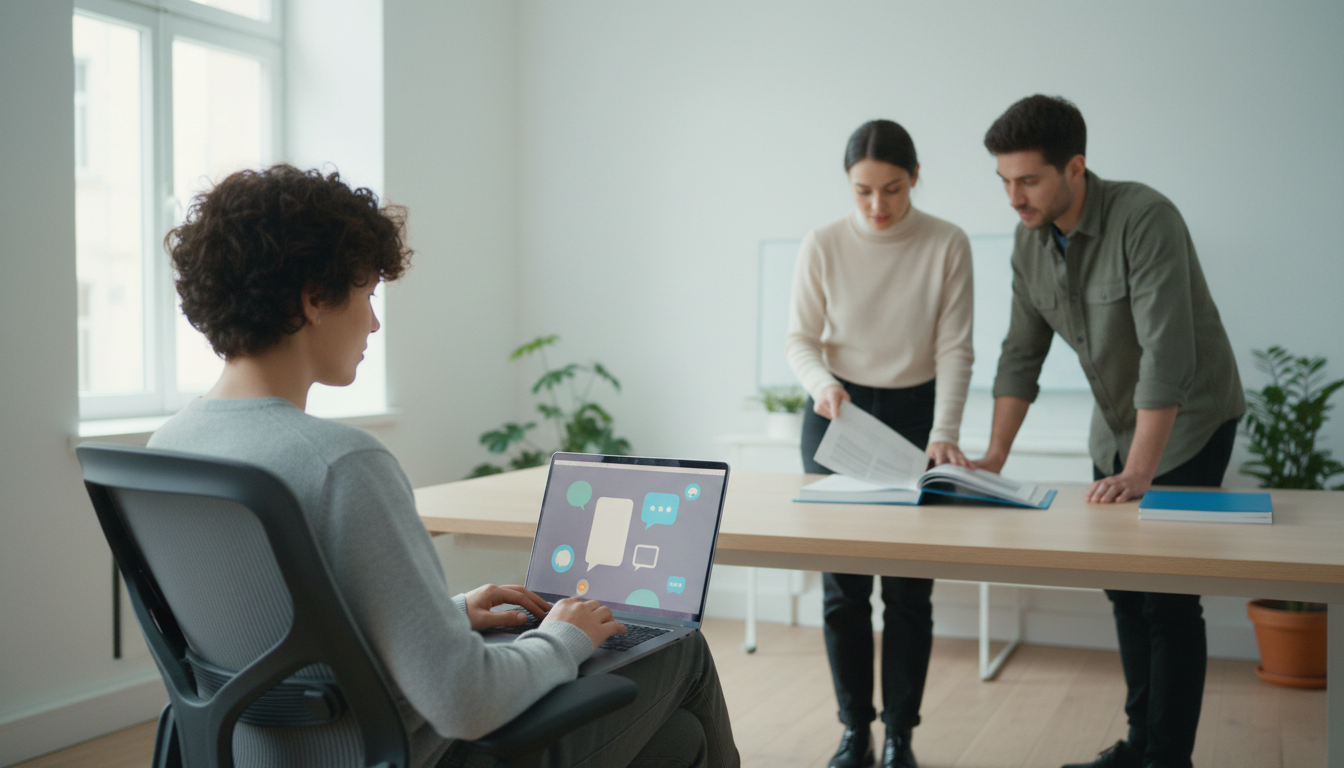 A small team of two or three people in a bright, minimal office, one person relaxed at a laptop with multiple chat notification icons visible on the screen, while the others review a printed client proposal nearby, suggesting calm productivity despite obvious inbound activity.