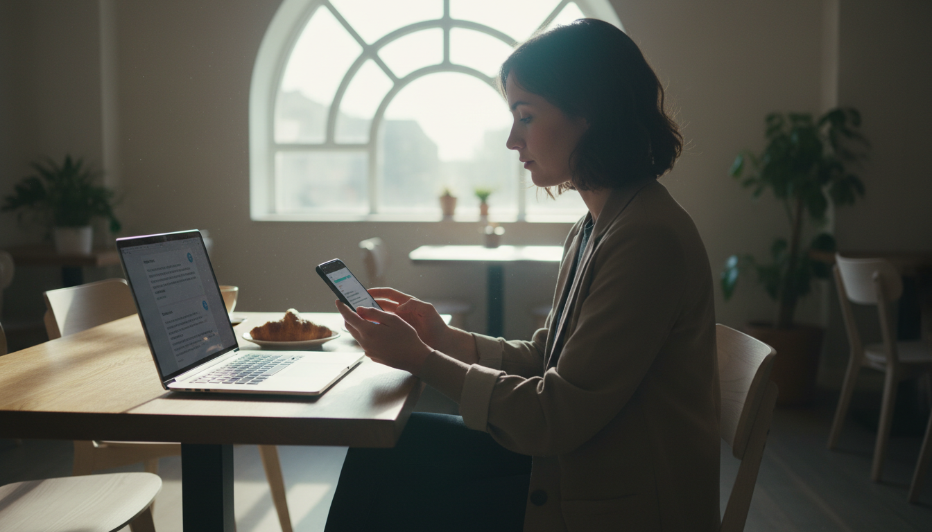 A person sitting at a café table with a laptop open beside them, reading and typing a reply on their smartphone, with two conversation threads visible on the phone screen, morning light coming through a large window behind them.