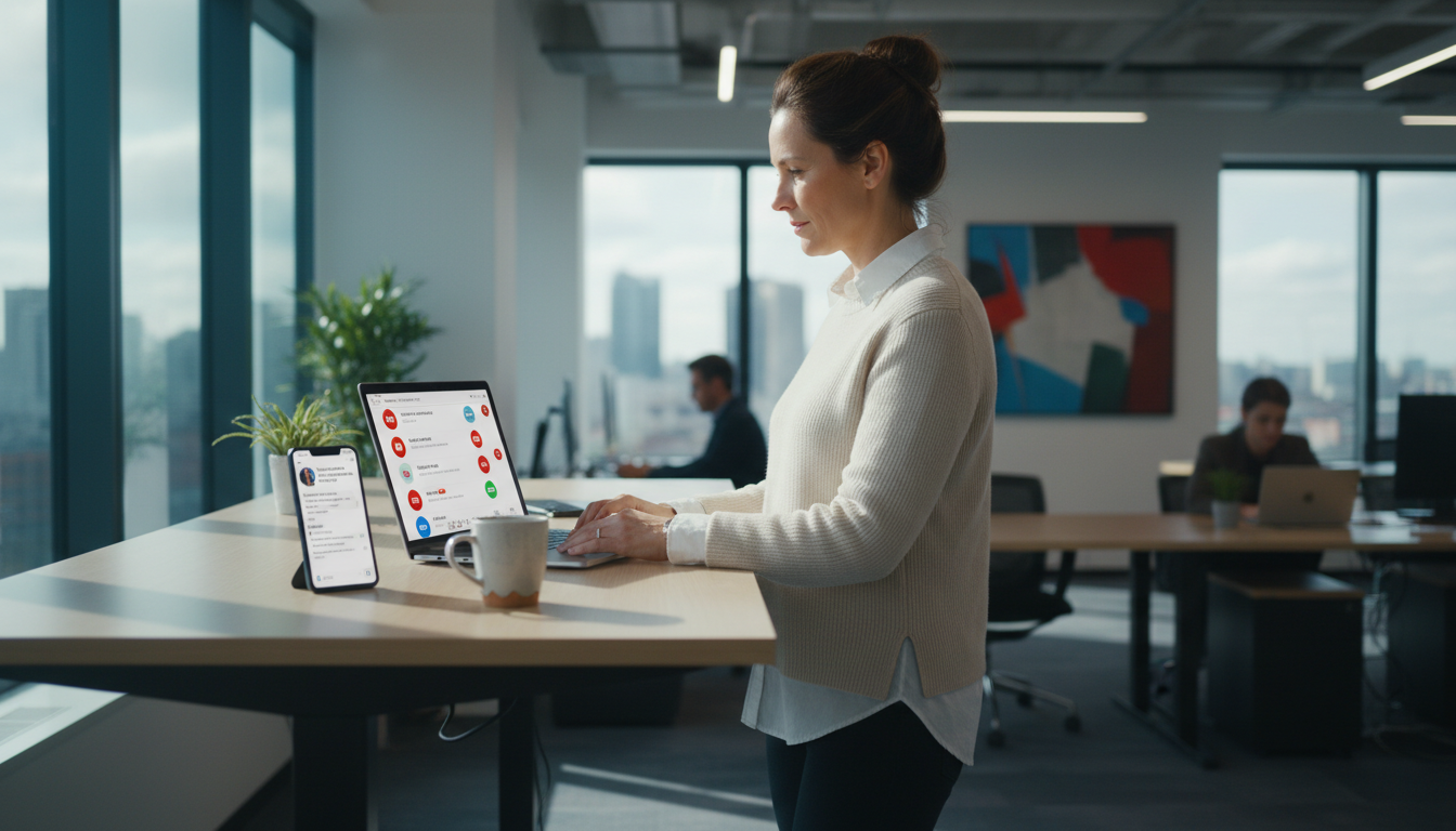 A professional at a standing desk in a modern open-plan office glances at a laptop showing multiple chat notification badges, with a smartphone beside it displaying a LinkedIn message thread, natural window light casting soft shadows across the workspace.