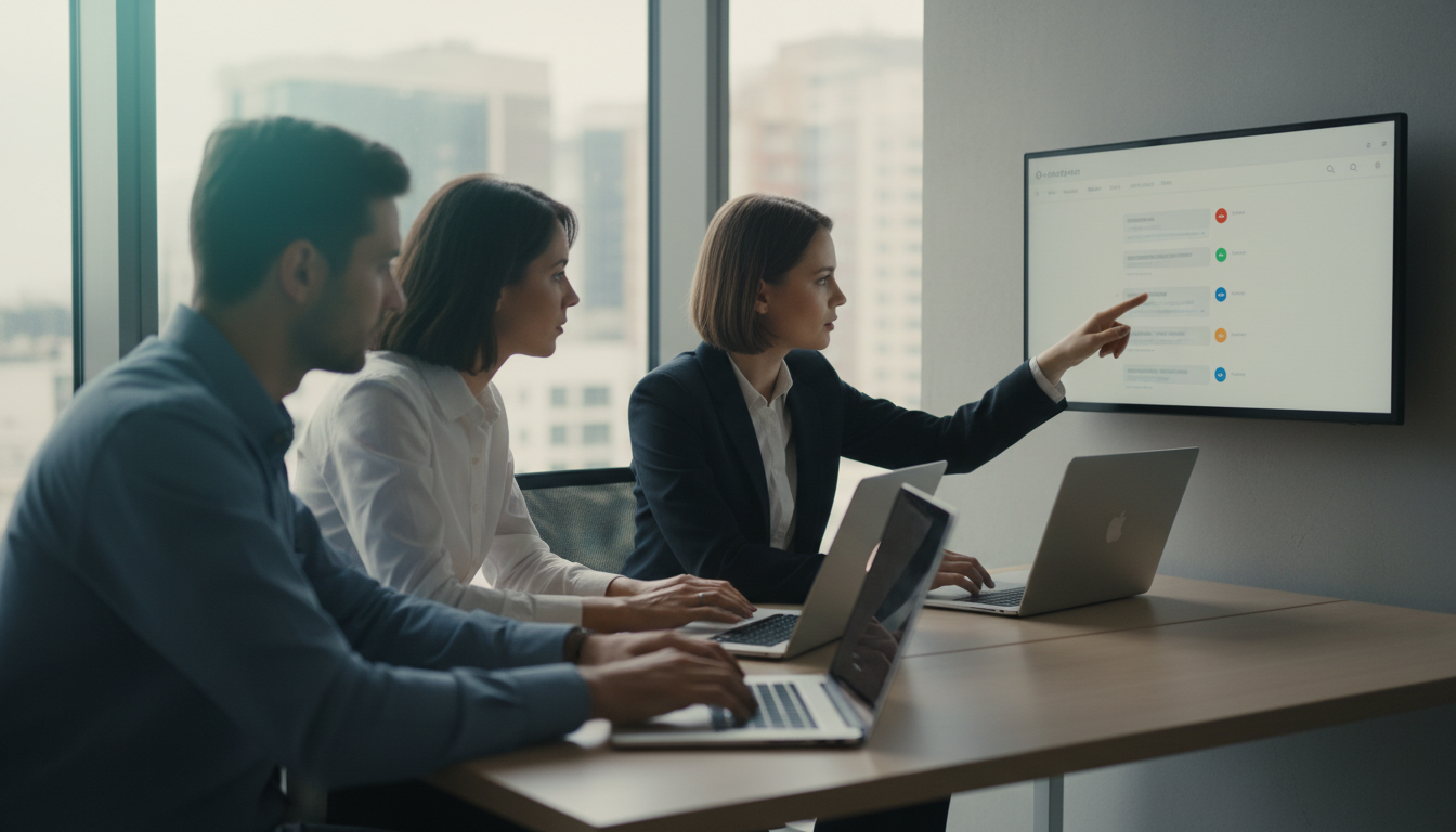 A small team of three people sitting around a compact office desk, each with a laptop open, reviewing messages on their screens while one person points at a shared monitor showing a unified chat interface with multiple colored notification badges.