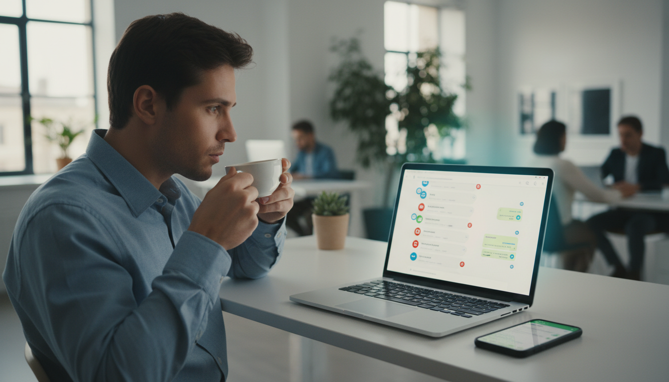 A salesperson at a standing desk glances at a laptop showing multiple chat notification badges while holding a coffee cup, with a phone displaying a WhatsApp conversation resting beside the keyboard, in a bright modern open-plan office.